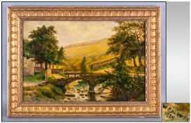 W.Baldwin A Stone Bridge Over A River At Wycoller. signed & dated 1929. Oil on canvas. 29x45cm. Gilt