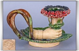 A Rare Portugese Majolica 19th Century Candlestick Holder in the form of a hand. Circa 1880. 4" in