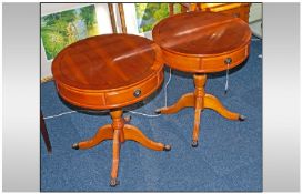 A Pair Of Modern Reproduction Georgian Style Circular Drum Tables, in yew wood with block shining