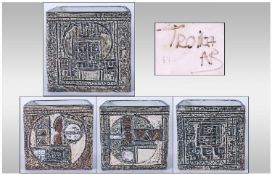 Troika Signed Cube Shaped Vase, Circa 1977-1979, Aztec Pattern, monogrammed to base. A.B.Tina.