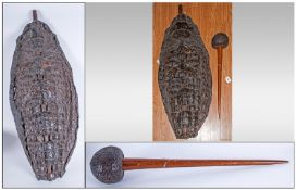 Tribal Art Comprising Large crocodile Skin Single Piece Shield With Central Wooden Column, Length 42