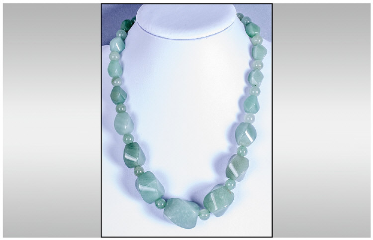 Green Aventurine Large Bead Necklace, graduated, twisted oval beads interspaced with similar round