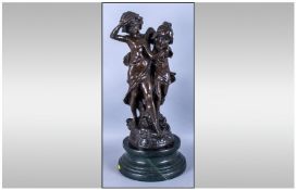 Modern Bronze Figural Group After Auguste Moreau, Inscribed To Base, Raised On A Large Green