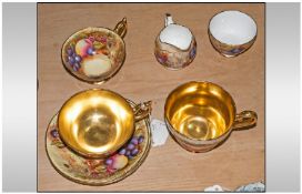 Aynsley Part Tea Set. All decorated with fruits design. Comprising 3 cups, 3 saucers, sugar and