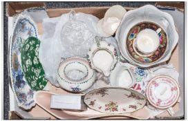 Box of Assorted Ceramics including Dresden plant pot A/F, Spode plate, three pieces of Poole, cut