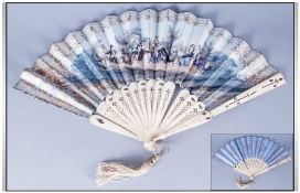 Antique French Ivory Fan Of Delicate Form, the arms of the fan are fretted and inlaid with silver