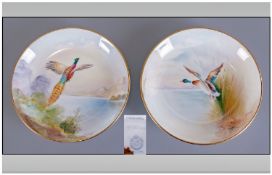 Minton Signed & Excellent Pair Of Handpainted Small Pin Dishes, 1. Mallard, 2. Pheasant. Signed '