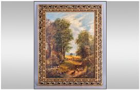 Small Oil on Canvas depicting a rural landscape with sheep in a gilt frame. Unsigned. 15 by 19