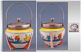 Clarice Cliff Art Deco Hand Painted Preserve Pot with silver plated handle and band. Chloris design.