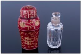 French Bone Ladies Travelling Scent Bottle, Stained Red Bone Case With Floral Decoration And