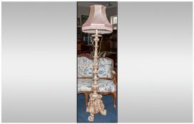 Bleached Wood Carved Standing Lamp on Tripod Claw Feet. Pink Fringe Shade. 72" High.