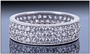 14ct White Gold Full Eternity Ring Set With Three Rows Of White Faceted Stones Between Rope Twist