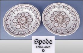 Spode Pair of Passover Plates Order of the Sader Service in Brown Litho 10.5" Diameter