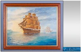 W Chamberlain Oil On Canvas Sea Scape Depicting Two Ships at Sea. Signed Lower Right W L Chamberlain