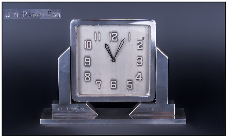 Art Deco 8 day Chrome Desk Clock with classic art deco lines, Silvered dial and numbers. 5" in