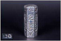Victorian Six Sided Ornate & Embossed Silver Cased Lidded Perfume Bottle, complete with inner