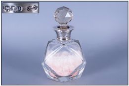 Edwardian Silver Banded Cut Glass Perfume Bottle Hallmark Birmingham 1908. Stands 4.5" in height.