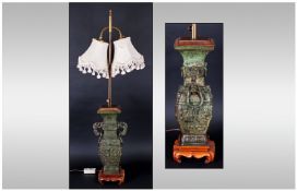 Oriental Bronze Vase Lamp with faux green patination. 33 inches high