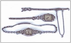 Two Ladies Silver Cocktail Watches, set with marquesites, all manual wind. A/F