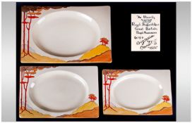 Clarice Cliff Art Deco Rare Set Of Three Graduating Bizarritz Platters, 'Coral Firs' pattern.