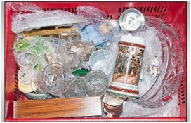 Box of Assorted Ceramics and Glassware including German tankard, large glass bowl, paperweights,