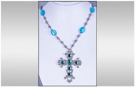 Turquoise Crystal Cross Long Necklace, the elaborate cross with 5 round and 1 oval faceted turquoise