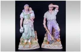 Heubach Pair Of 19th Century Bisque Figures, young man & woman in 19th Century dress. Stamp to