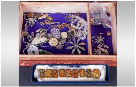 Carved Anglo Indian Hinged Box Containing A Small Amount Of Costume Jewellery, Including Earrings,