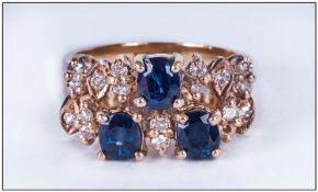 Sapphire And Diamond Cluster Ring, Set With 3 Oval Sapphires and Round Brilliant Cut Diamonds In