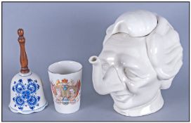 Margret Thatcher Novelty teapot together with a King George V silver jubilee cup and a decorative