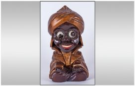 J Oswald German Novelty Clock, Carved Painted Wood In The Form Of A Sheik/Genie. Rotating Googly