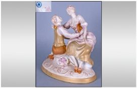 Royal Dux Figure 'Courting Couple' in 19th Century Dress. Pink triangle to base. 8" in height.