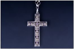 Silver And Amethyst Cross Suspended On A Silver Chain, Stamped 925, Cross Length 4cm Including Bale,