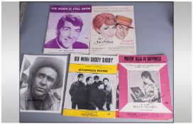 Pop Music Autographs On Sheet Music to include Dean Martin, Manfred Mann, Everly Brothers, The