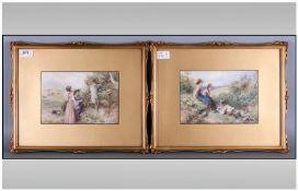 Pair Of Birkett Foster Prints, depicting children in country pursuits. Framed & Mounted behind glass