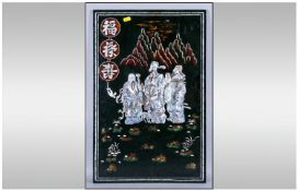 Early 20th Century Chinese Lacquered Panel inlaid with Mother of Pearl shell. Depicting three