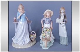 Two Lladro Style Figures From The Lleonardo Collection girl with wheelbarrow & girl by pillar,