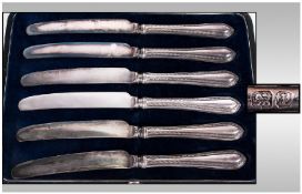 A Boxed Set Of Six Silver Handle Butter Knives, Hallmark Sheffield 1917. Unused Condition & Boxed.