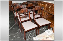 Set Of Six Carved Mahogany William IV Dining Chairs, with a carved & canvas leaf back. with shaped &