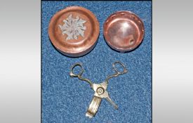 Arts & Crafts Style Bowl, with wood turned base, copper cover with applied silver stylised flower.