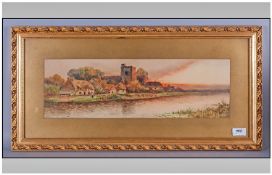 Watercolour Of A River Landscape At Eden Tide with church, houses  & river front. Gilt frame & slip.