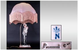 Capo Di Monte Figural Table Lamp with pink frilled shade. 36" in height