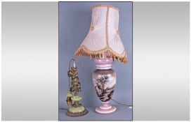 Opaline Glass Vase converted to a table lamp. Hand Painted Post Mill Scene to entire surface. 24