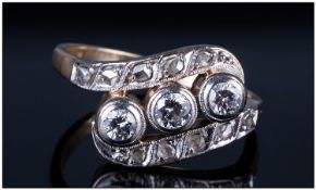 Antique 14ct Gold 3 Stone Diamond Ring flanked by two rows of old cut diamonds. The three pave set