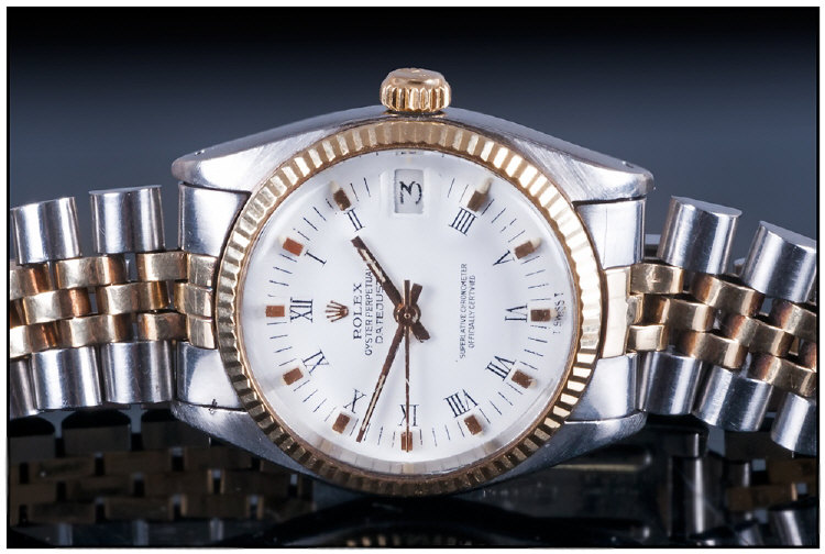 Rolex Oyster Perpetual 18ct Gold & Steel Midi Wristwatch, White dial. Superlative Chronometer.