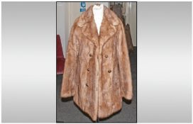 Dark Honey Blonde Mink Long Jacket, double breasted style, self lined collar with revers, quarter