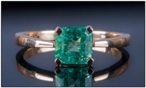 18ct Gold Set Single Stone Emerald Ring, the natural Colombian square cut emerald of good colour and