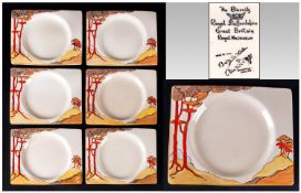 Clarice Cliff Handpainted Set Of Six Biarritz Shape Tea Plates,  'Coral Firs' pattern. Circa 1934.