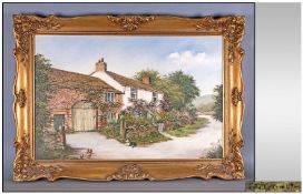 Eric Cotton Oil On Canvas Cottage Scene, signed lower left & dated '87  Overall Size 25x37"