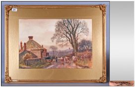 A Large Watercolour Signed H.C.Fox & Dated 1909, Depicting a farmer whilst driving cattle down the